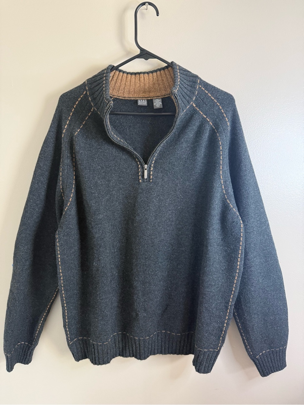 Saks Fifth Avenue Cashmere Wool 1/4 Zip Sweater Charcoal Tan Stitching Men's XXL